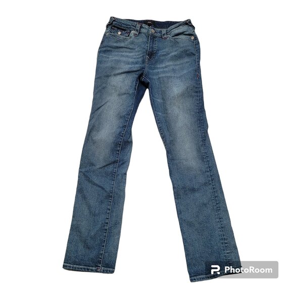 True Religion Billie Jeans Straight Leg Mid Rise Back Flap Pink Stitching Sze 31 - Picture 1 of 16